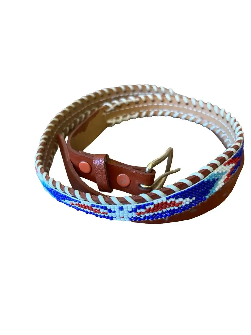 Vintage Hand‑Beaded Cowhide Leather Belt